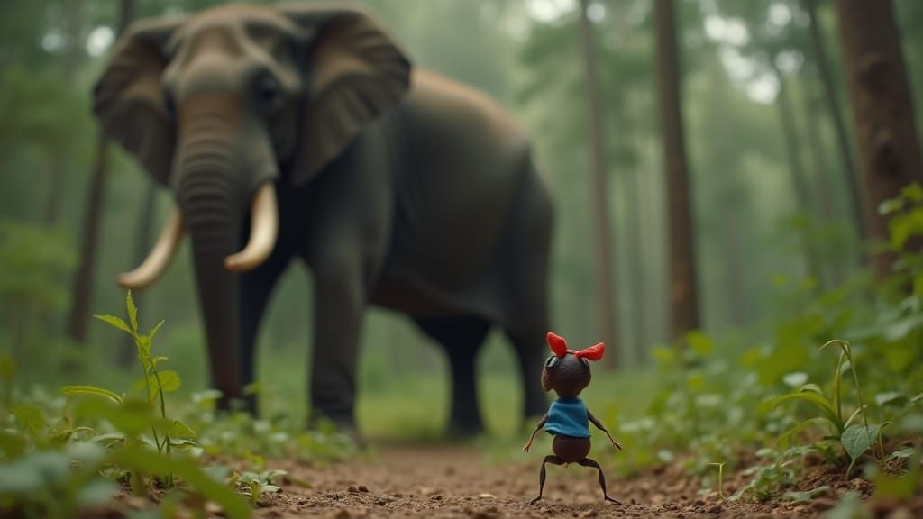 Ant in Blue Tank Top Looks Up at Majestic Elephant in Forest...
