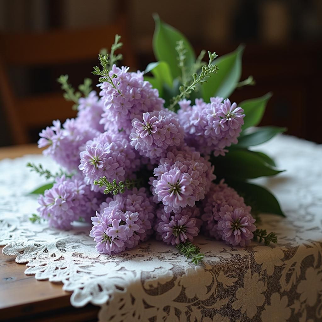 Lilac Bouquet on Lace in Mystical Realism Style