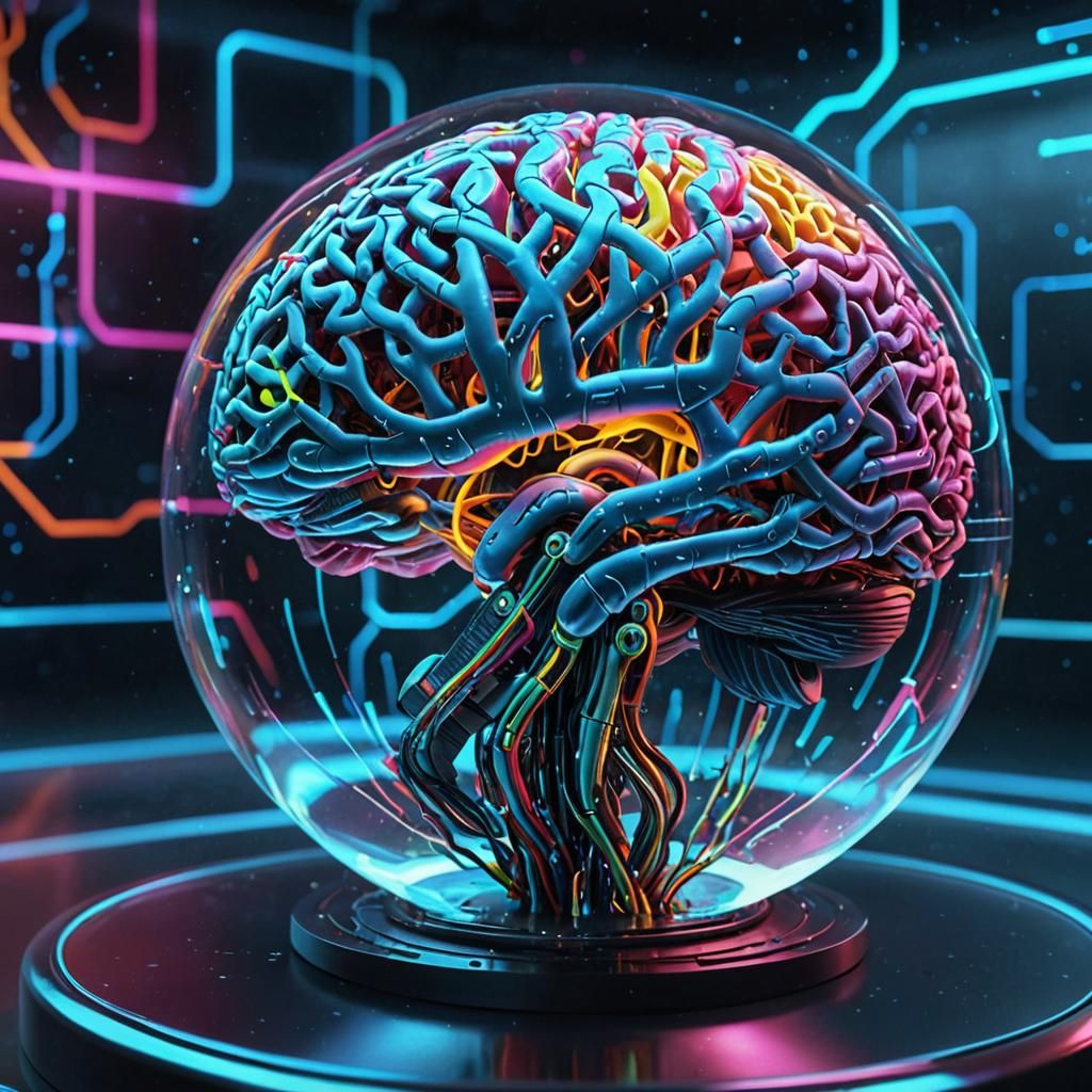 AI Brain in Glass Sphere: Neon Futuristic Concept Art