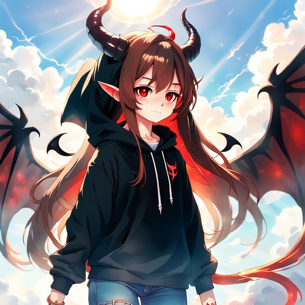 Anime Devil Girl with Wings and Hoodie