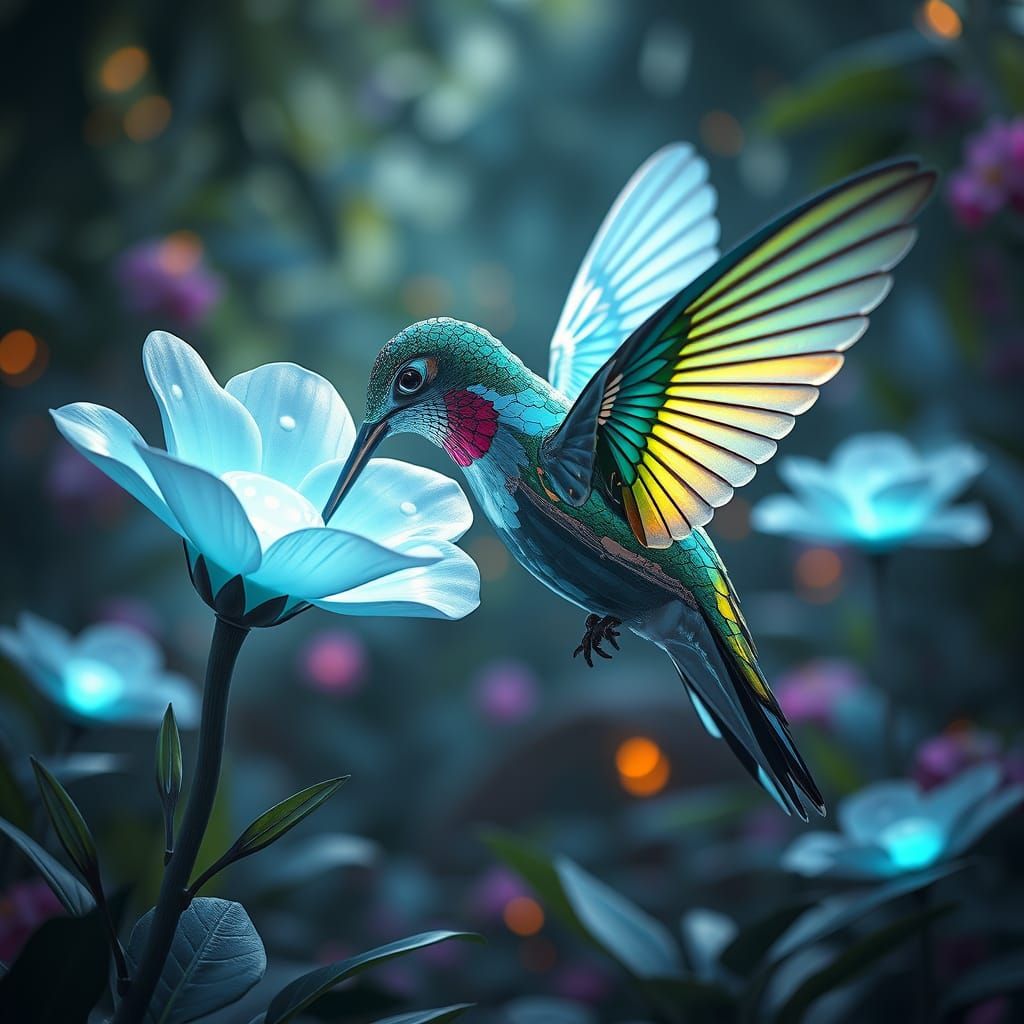 Chrome Hummingbird Sipping Nectar in Futuristic Garden