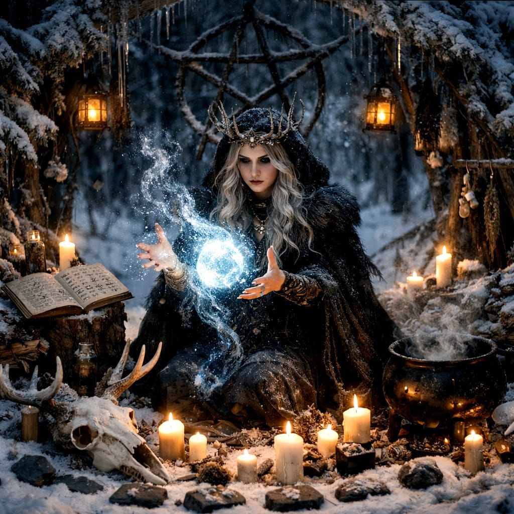 Winter Witchcraft Ritual in Realistic CGI Style