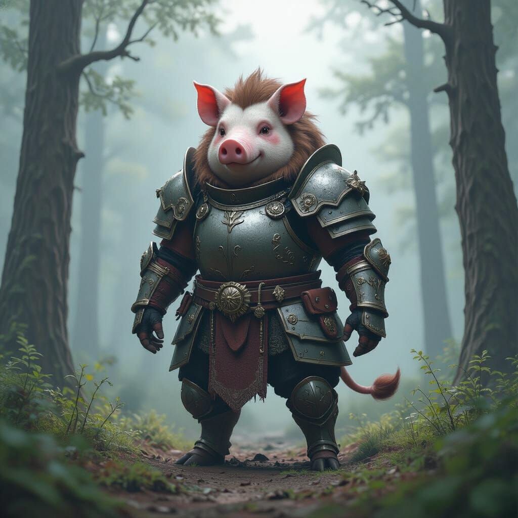 Armored Pig-Lion Creature in Misty Forest, Digital Art