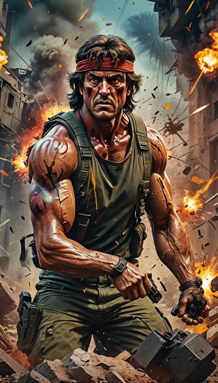 Hyperrealistic Rambo Defuses Bomb: Splash Art Concept