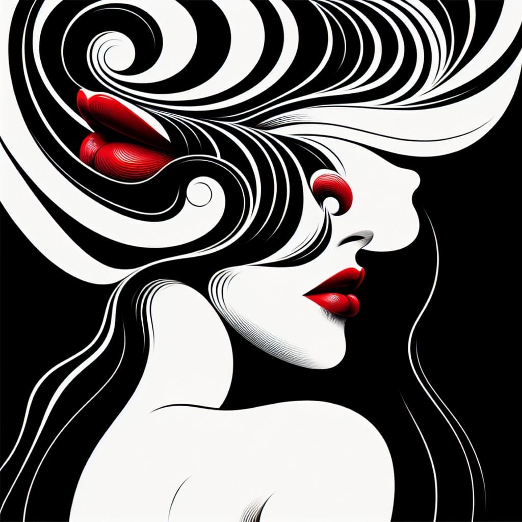 Abstract Swirling Figures with Ruby Red Accents