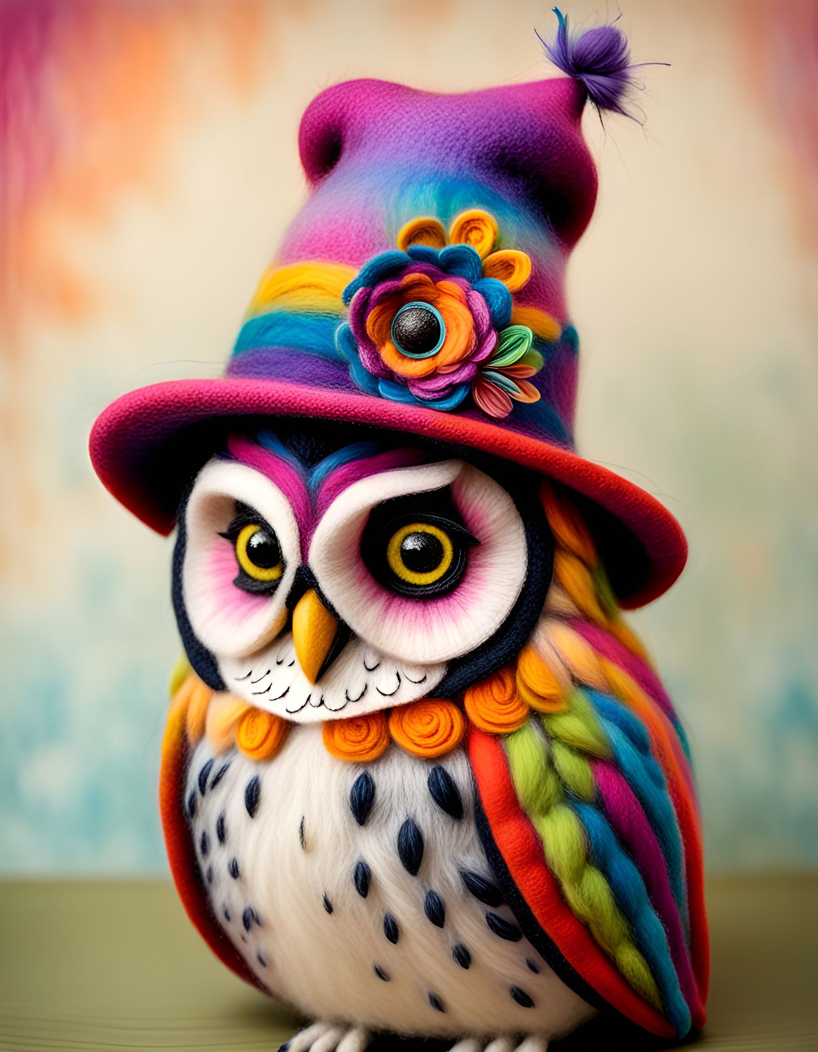 Vivid Felted Owl Portrait with Fancy Hat