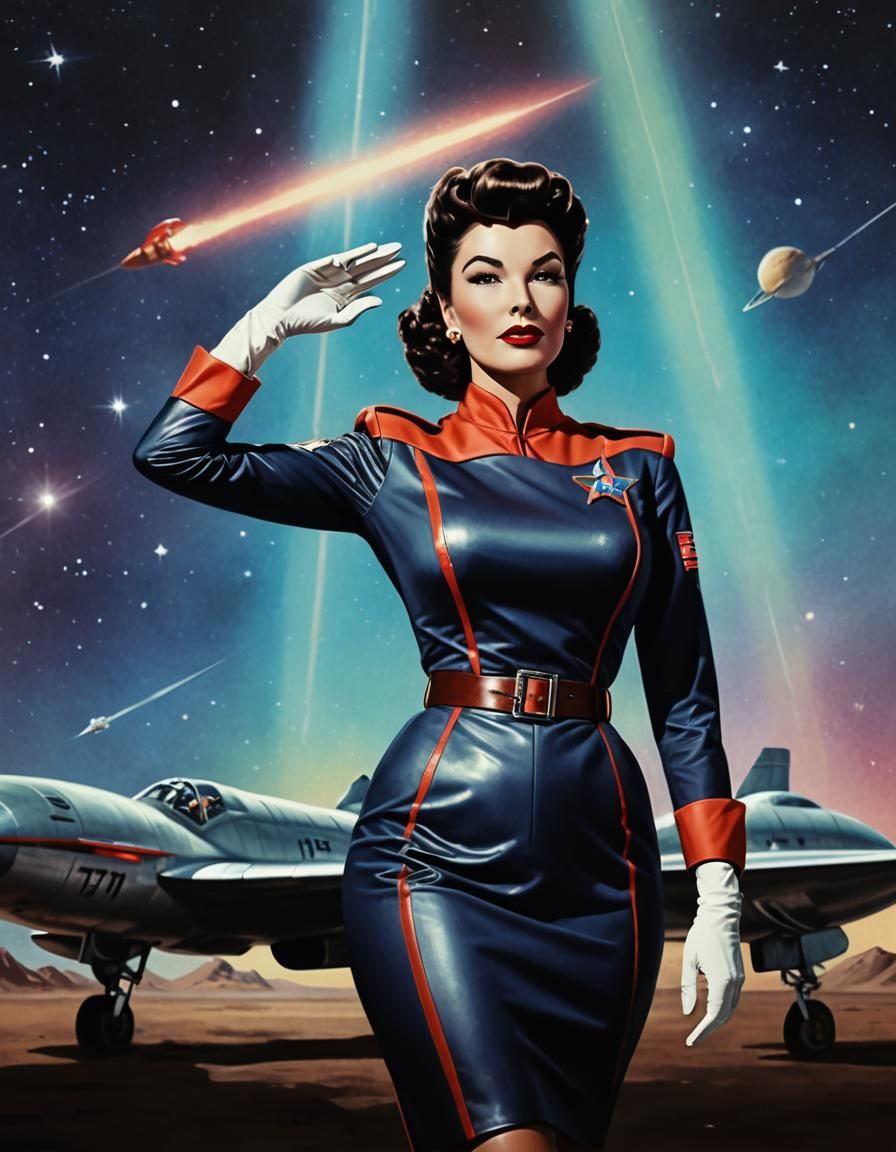 Retro-Futuristic Pinup of Woman in Sci-Fi Uniform