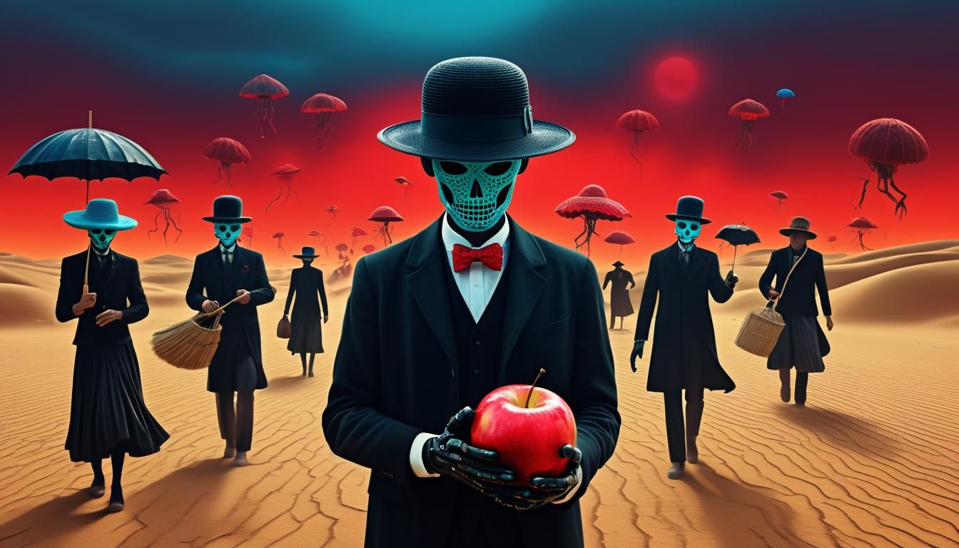 Surreal Desert Journey with Bowler Hat Man