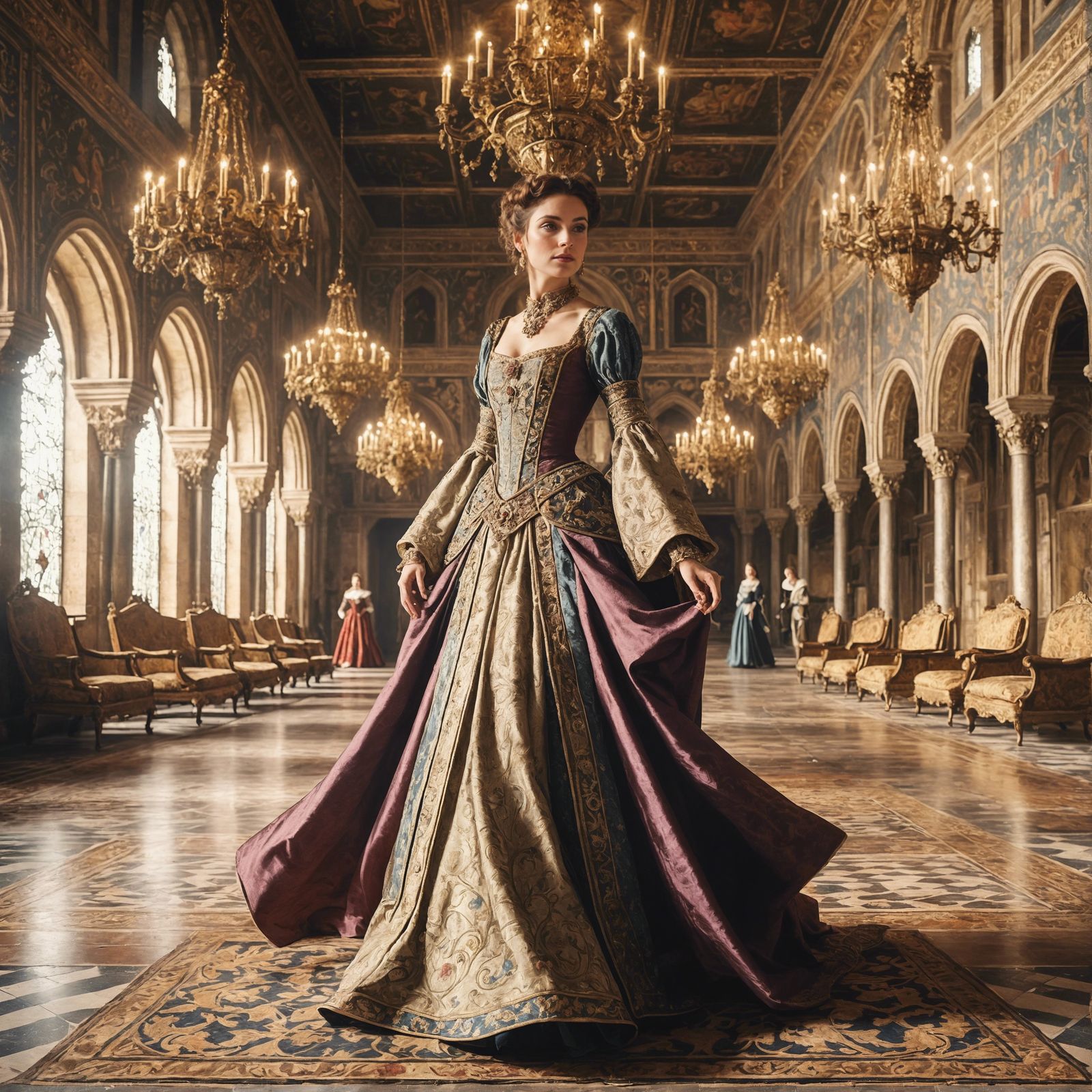 Elegant Medieval Woman in Royal Ballroom