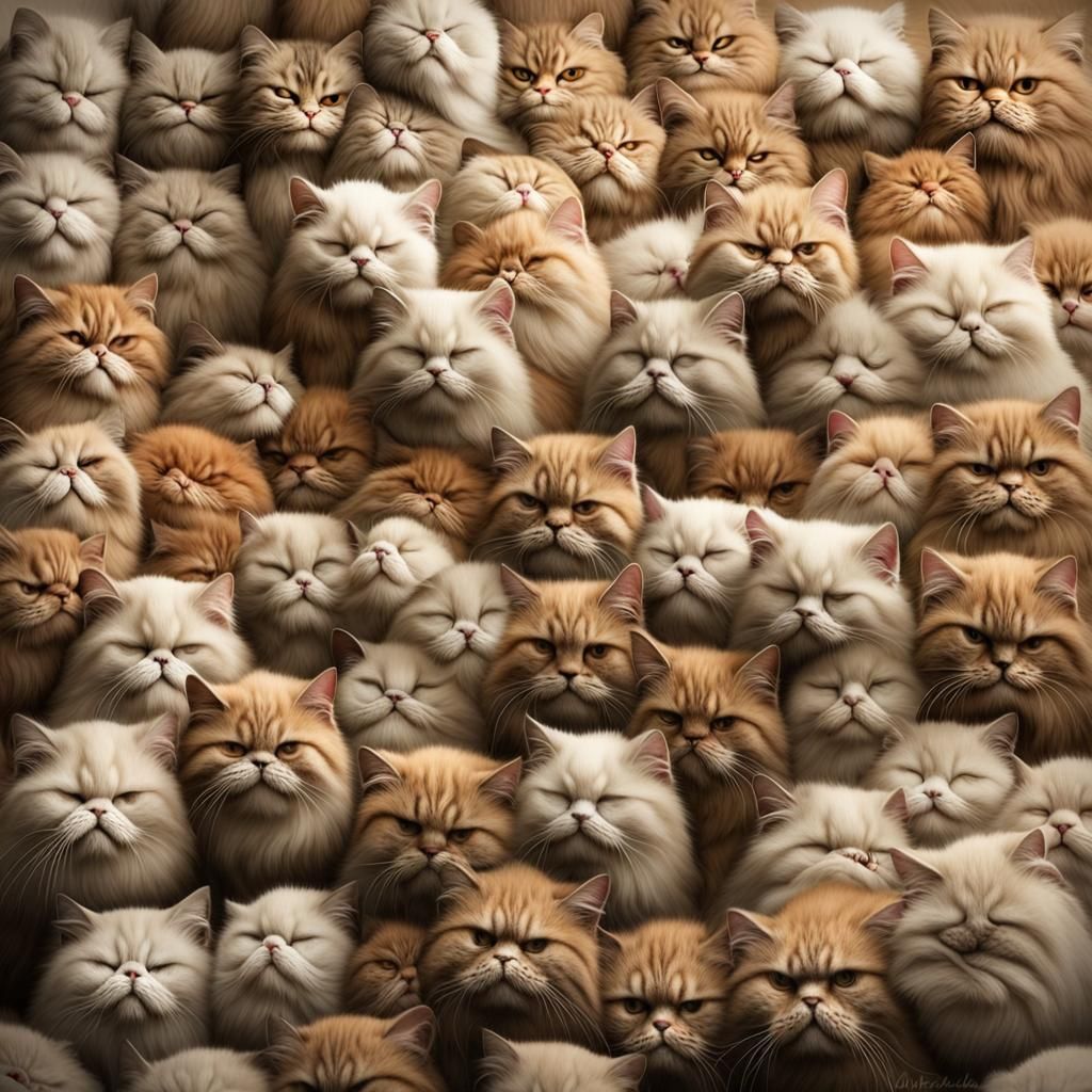 Numerous Persian Cats Sleeping Together: Detailed Portrait