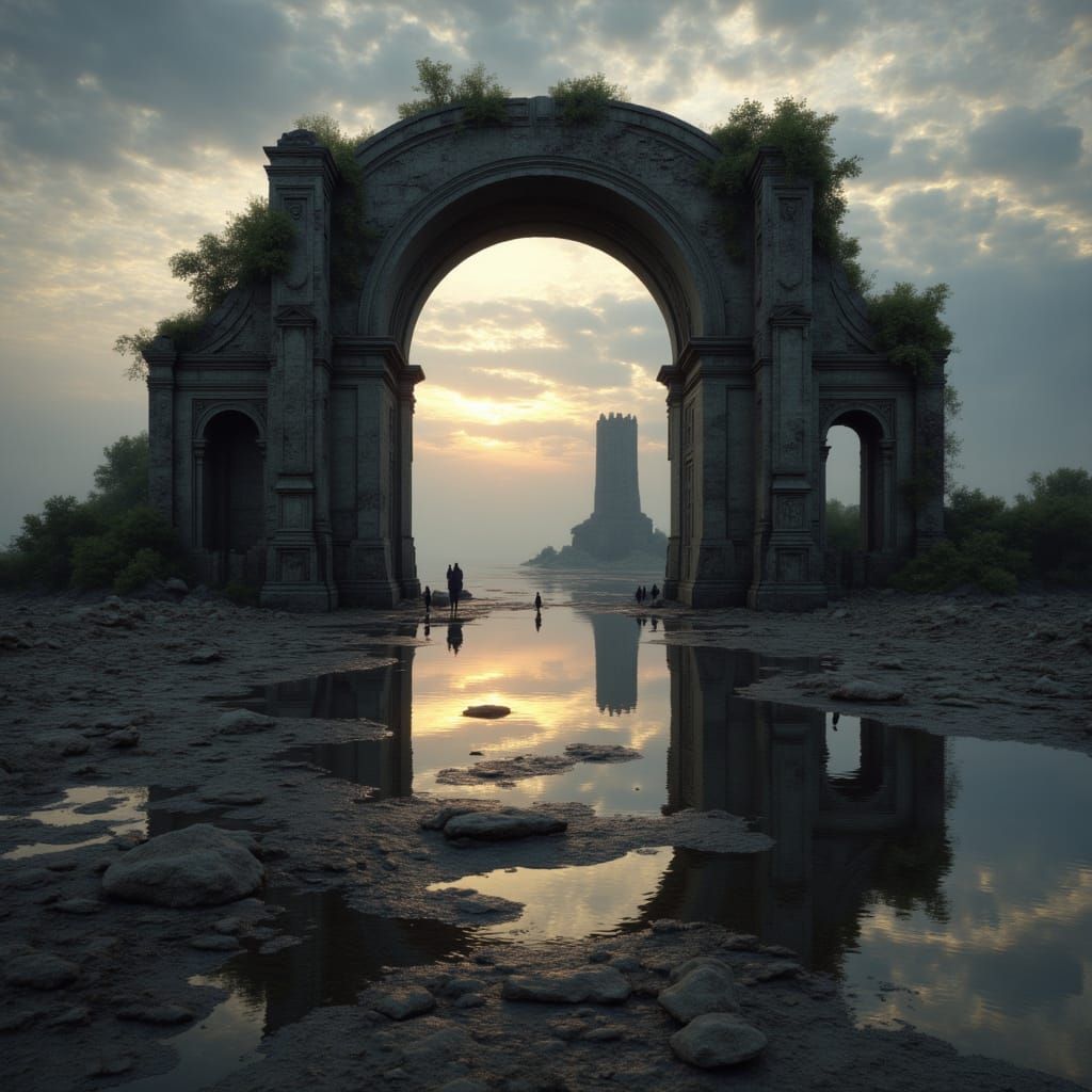 Abandoned Roman Arch on the Beach in a Dark and Gloomy Atmos...