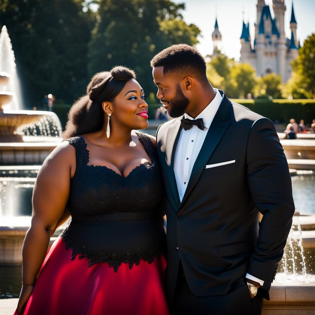 Elegant Couple at Fountain in Disney Style
