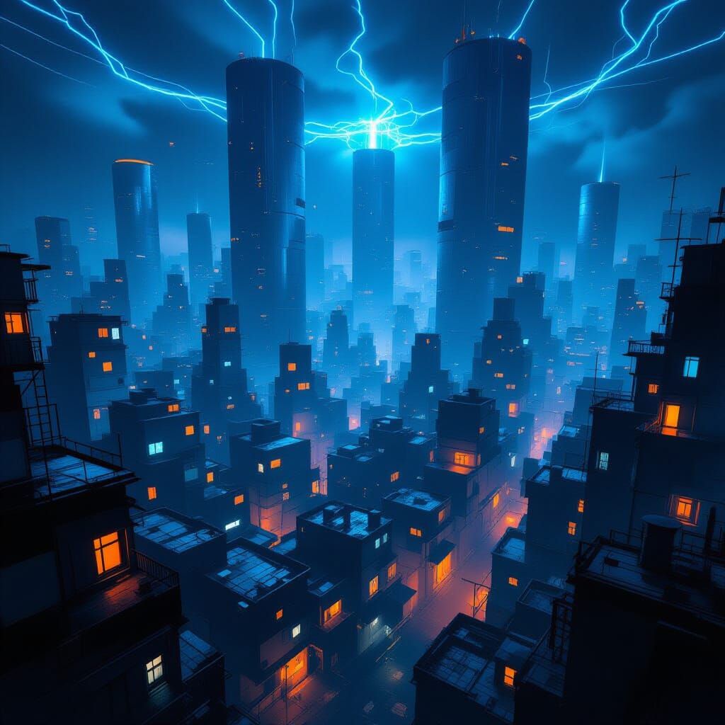 Futuristic Dystopian Cityscape Lit by Blue and Orange Light