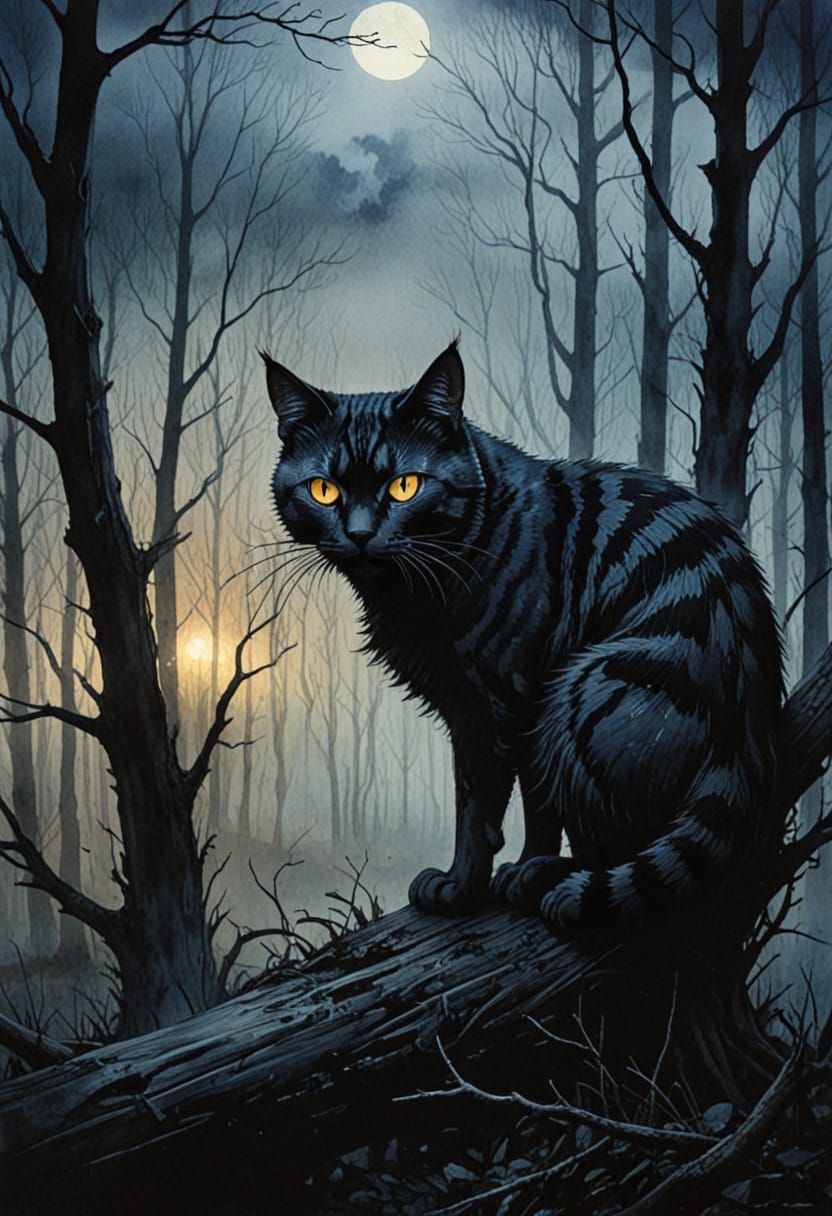 Mystical Horror Landscape with Striped Cat Silhouette