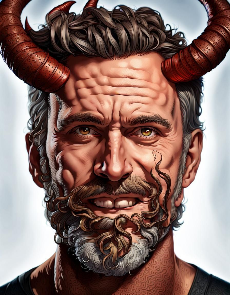 Horned Man Portrait with Sinister Smile, Hyperrealistic