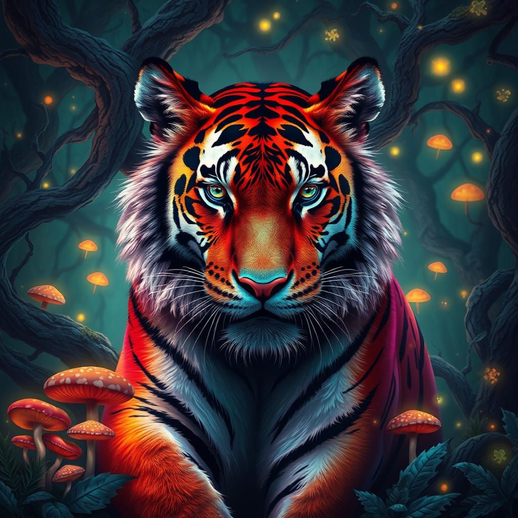 Majestic Tiger in Vibrant Fantasy Landscape, High-Contrast M...