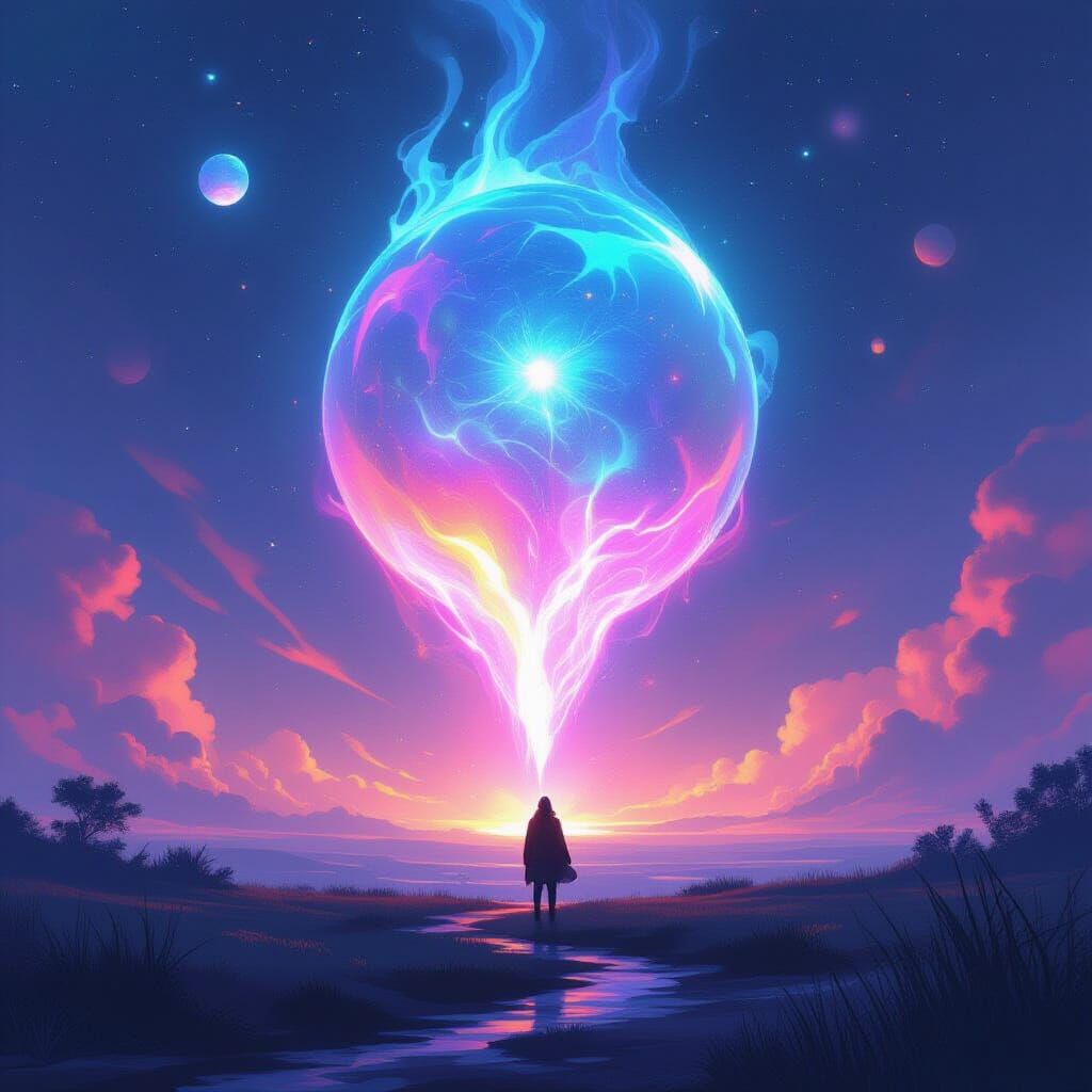 Mystical Glowing Entity Suspended in Iridescent Aura