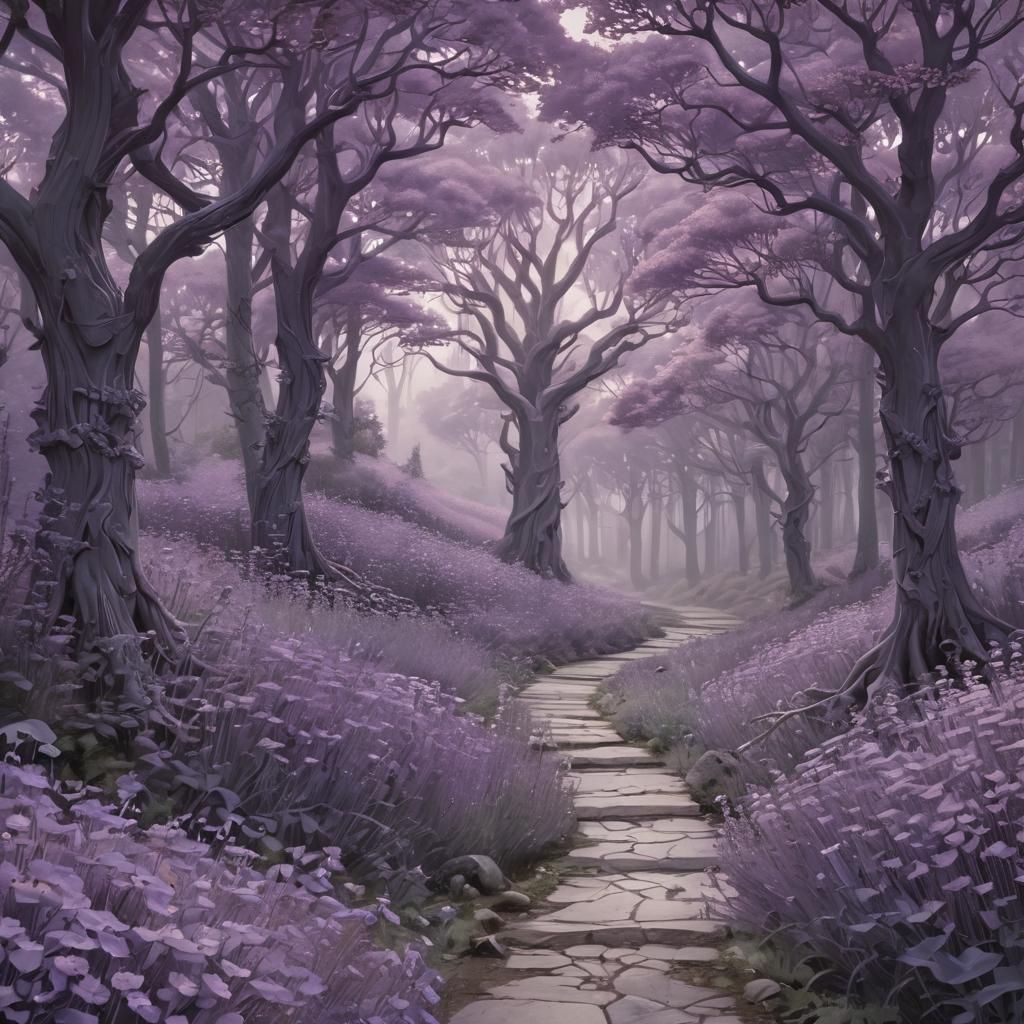 Ethereal Lavender Art Nouveau Scene with Fey Forest and Hood...