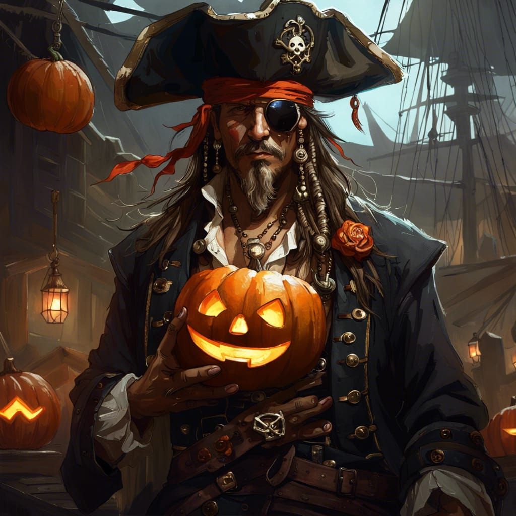 Intricate Pirate Jack-o'-Lantern in Dramatic Lighting