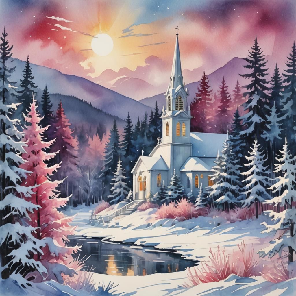 Watercolor Winter Wonderland Church Scene