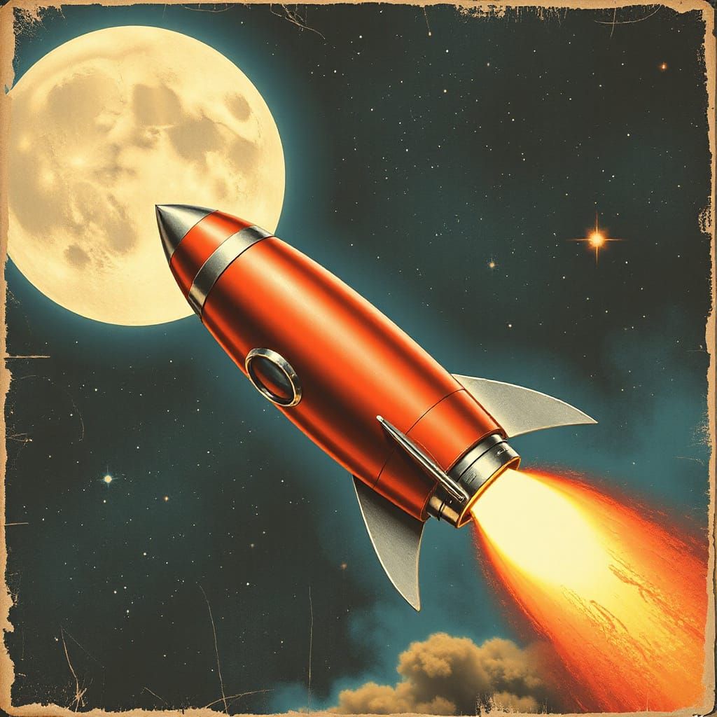 1950s Retro Rocket Launch in Outer Space