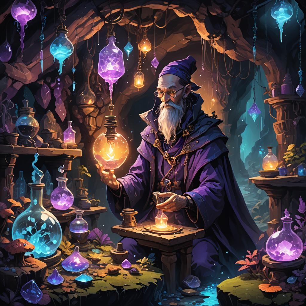 Svirfneblin Alchemist in Glowing Cave Lab