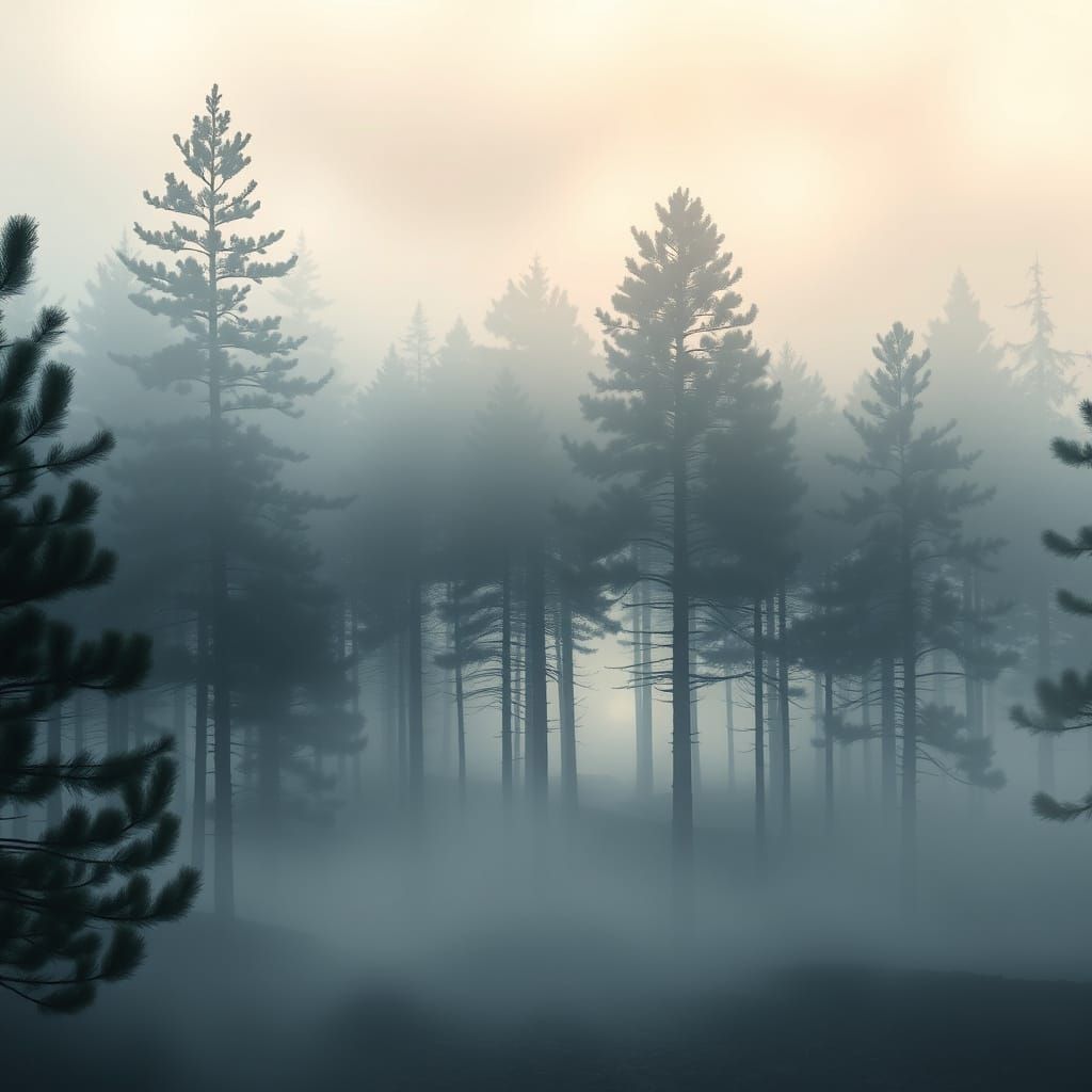 Serene Misty Pine Forest Landscape in 3D Style