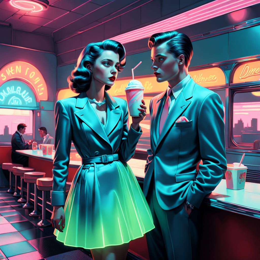 Ethereal Couple in a Spectral Retro Diner