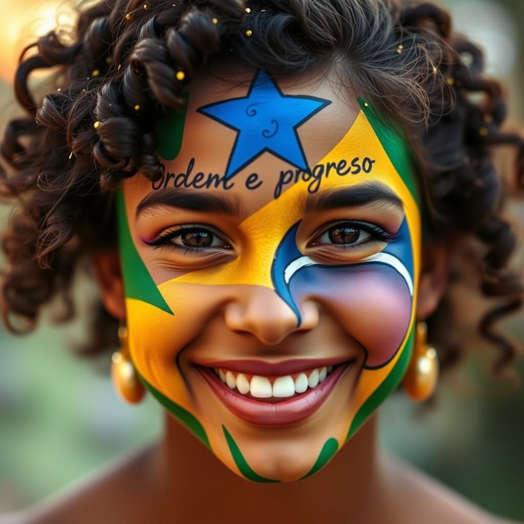Brazilian Woman with Flag Face Paint
