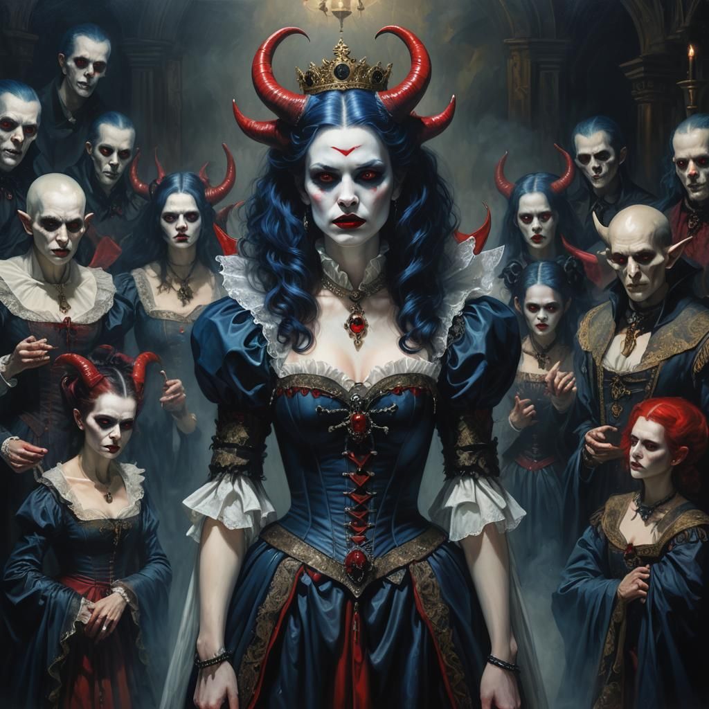 Gothic Baroque Vampire Queen Portrait in Oil Painting