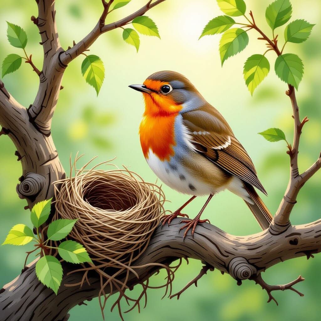Robin on Branch in Audubon-Inspired Style