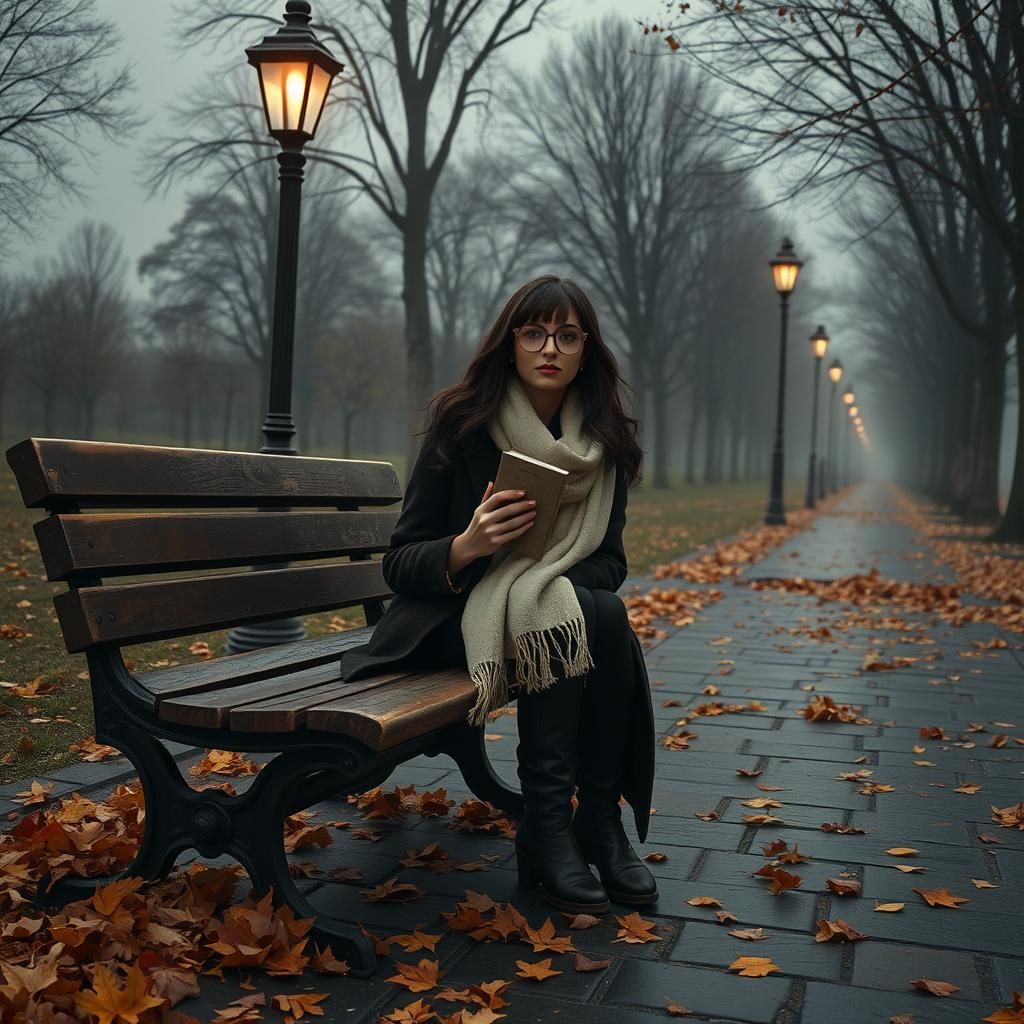 Brunette Woman on Bench in Autumn Park