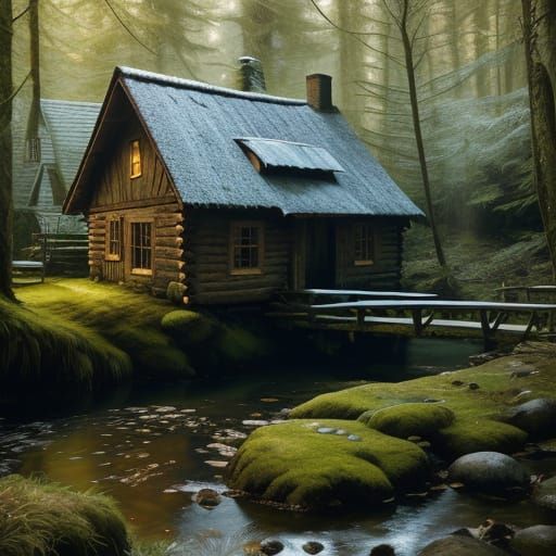 A serene, rustic cozy cabin in the woods, bathed in the warm...