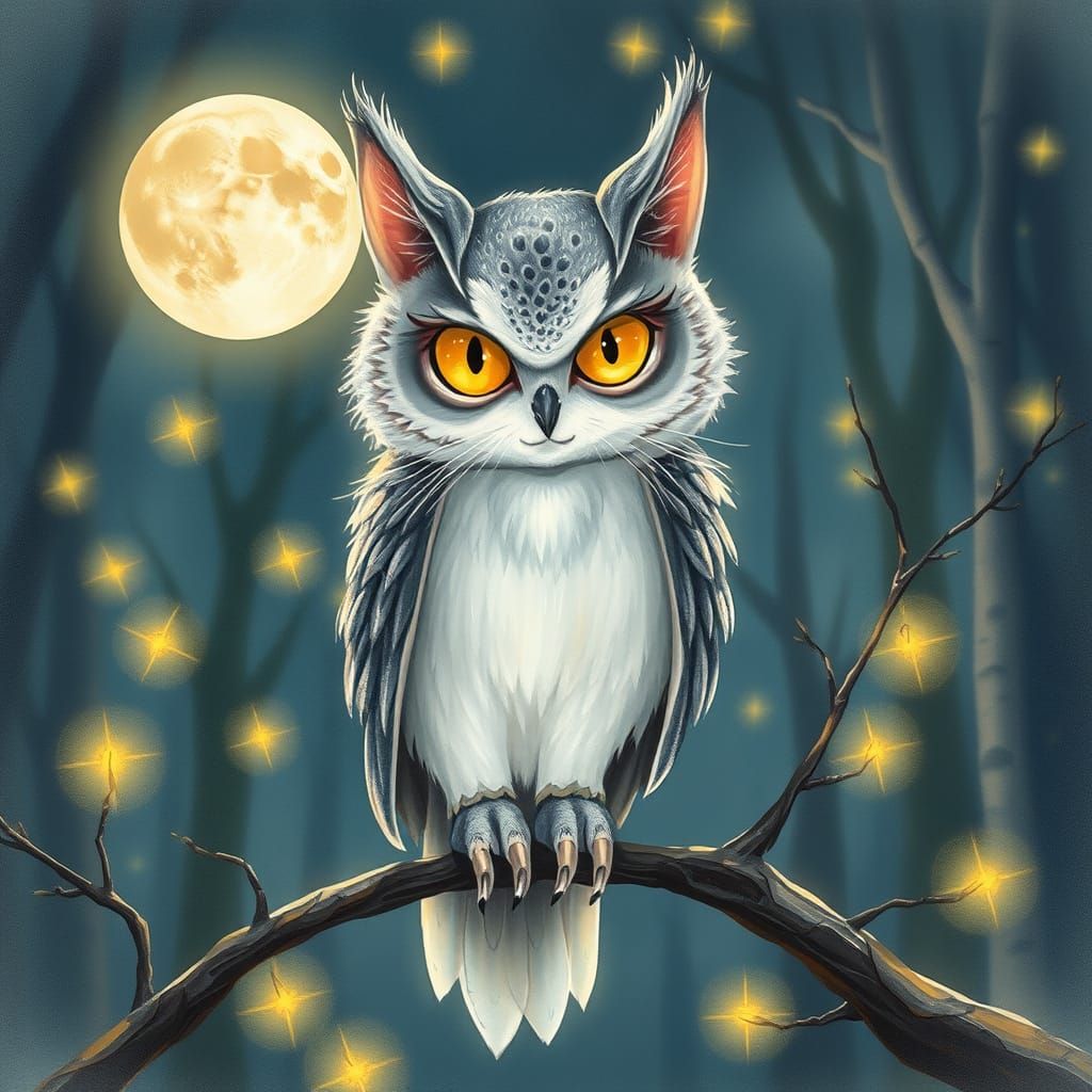 Whimsical Owl Cat Hybrid Perched in Moonlit Forest