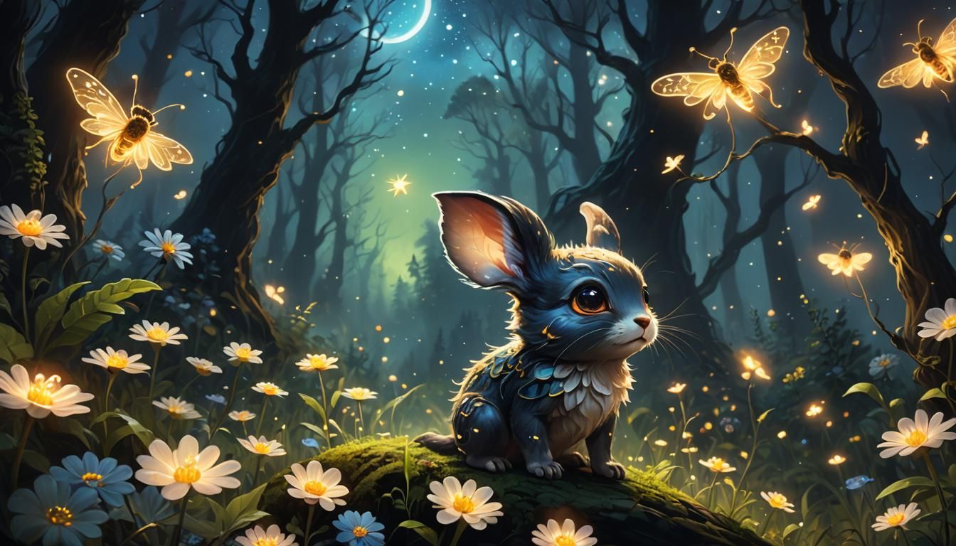 Glowing Creature in Starry Forest Oil Painting