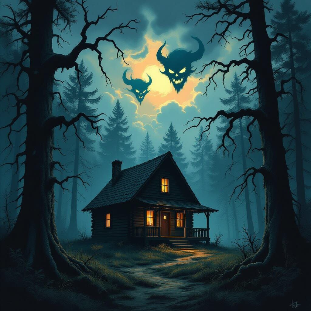 Eerie Cabin in Dark Forest: Gothic Illustration