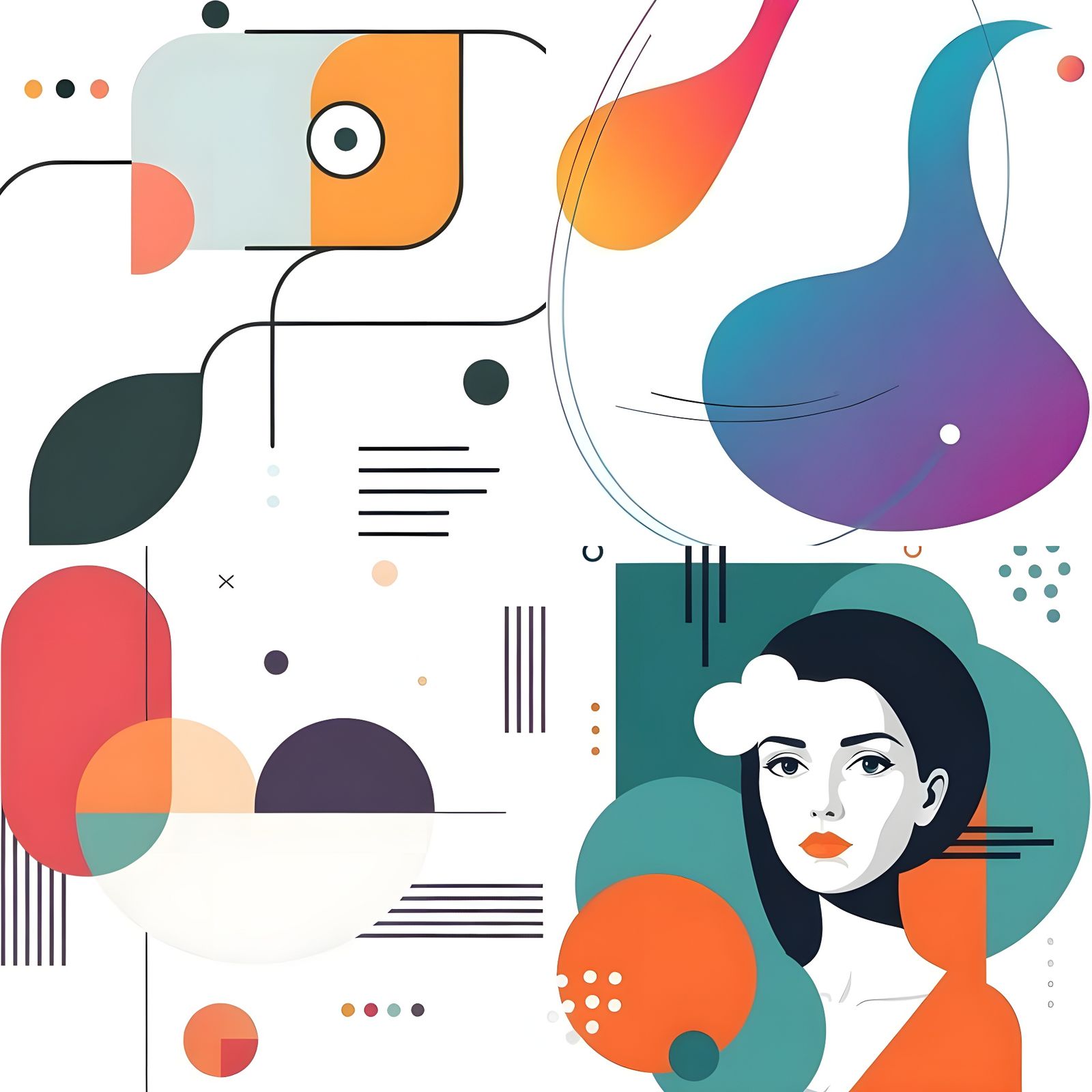 Retro Abstract Art with Fine Details on White