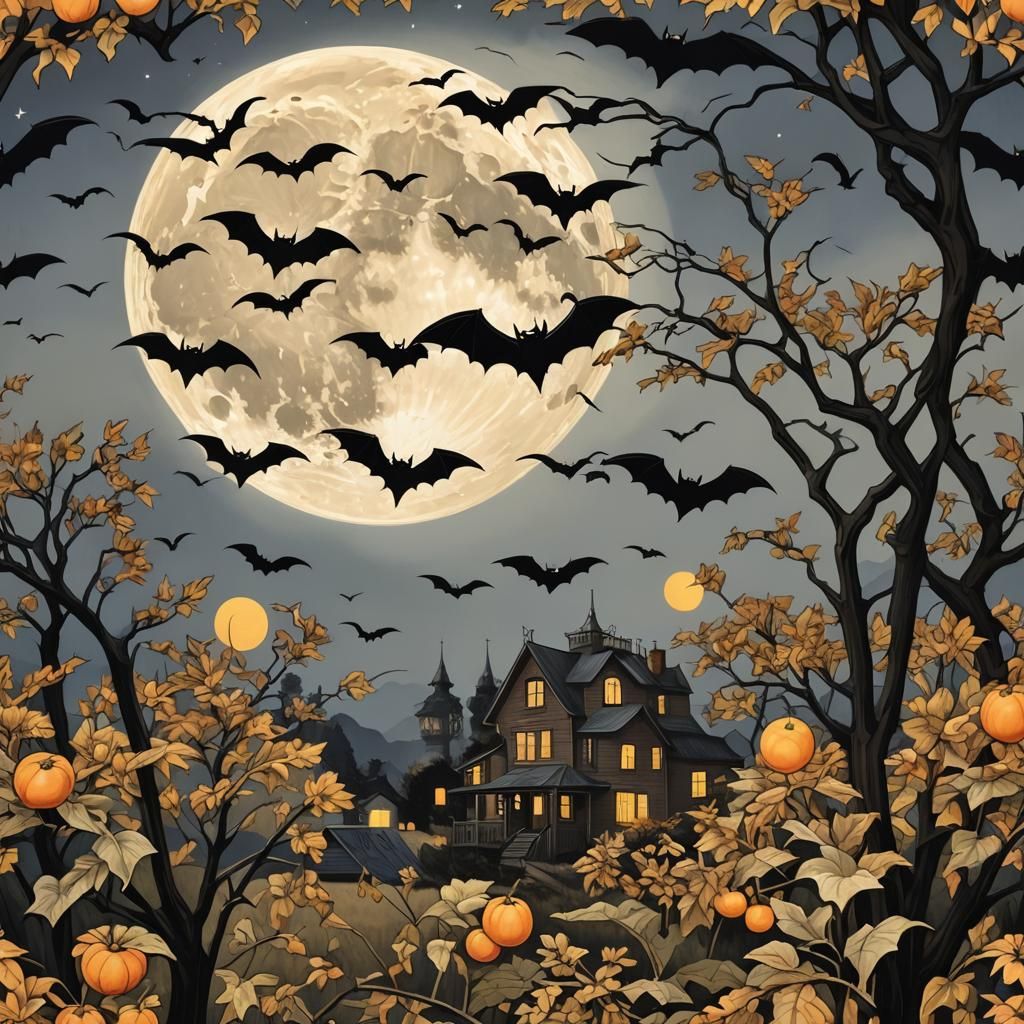 Harvest Moon Bats in Hyperreal Art Deco Cubist Style