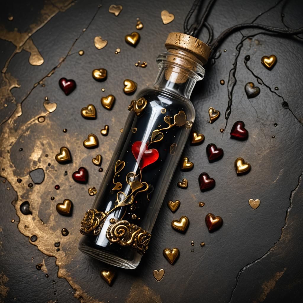 Mystical Vial of Floating Hearts in Dark Fantasy Art