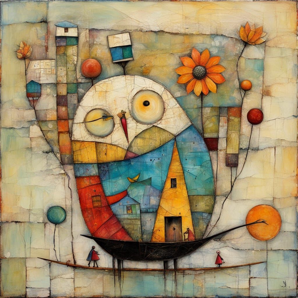 Textured Encaustic Painting in Naive Style