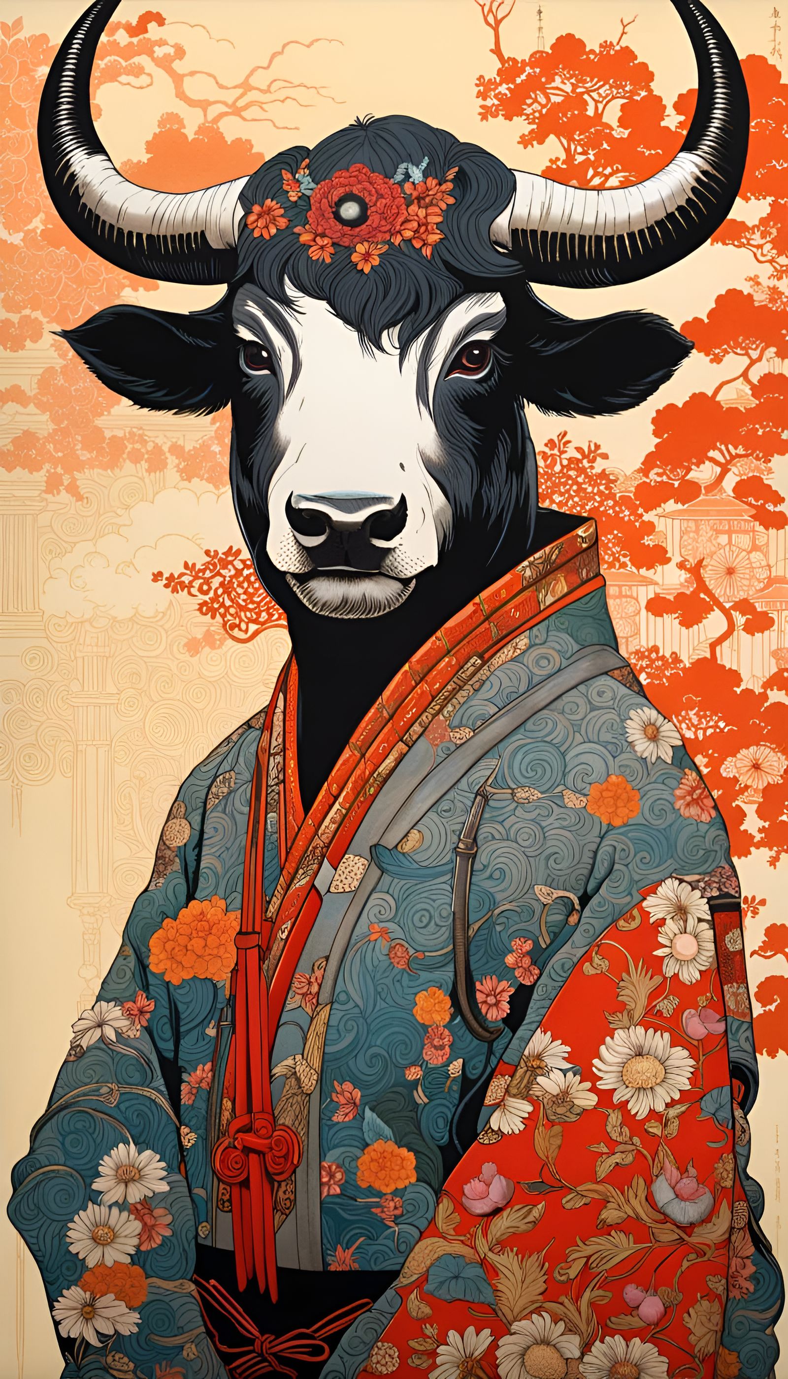 Futuristic Samurai Taurus in Chinoiserie Style