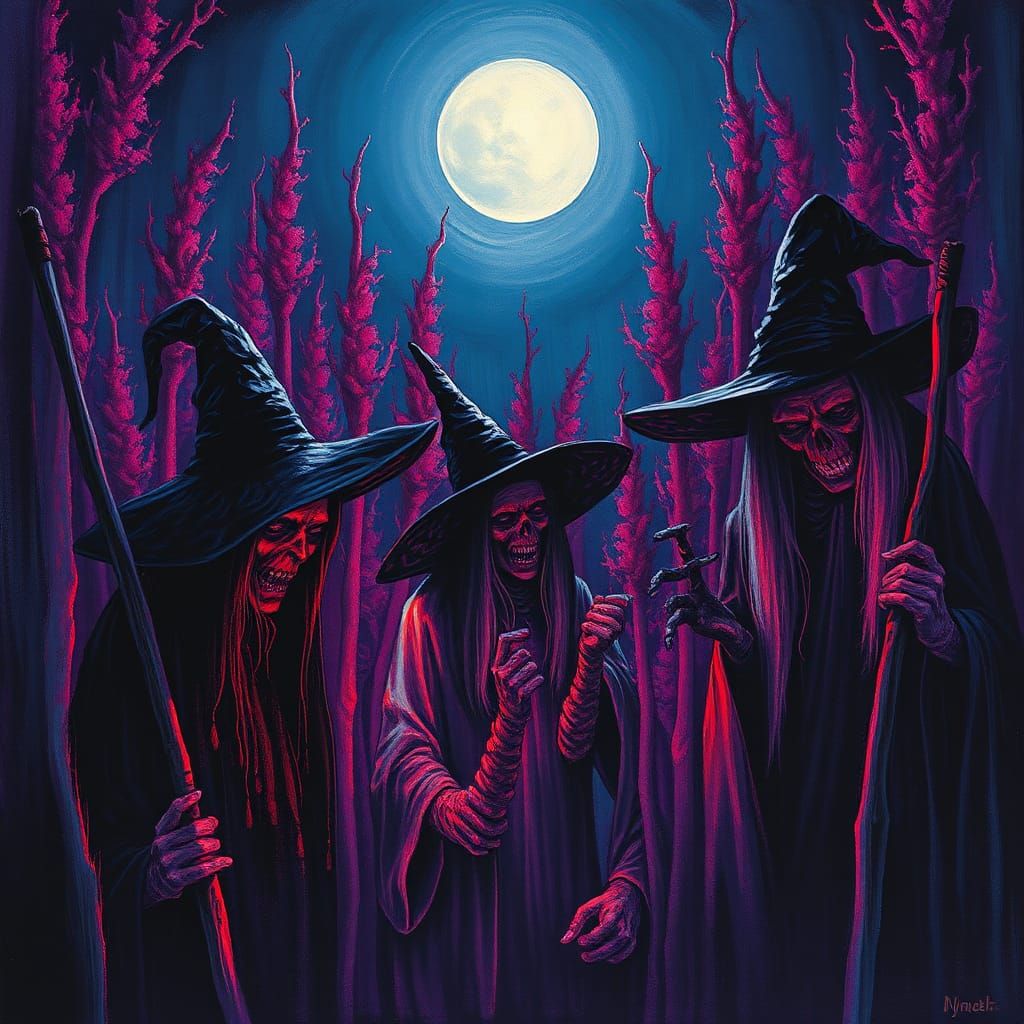 Witches Among Iridescent Corn Under Waning Moon
