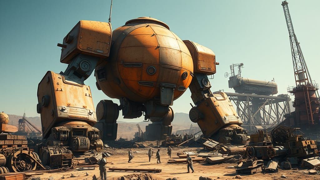 Gigantic Rusted Robot in Deserted Wasteland
