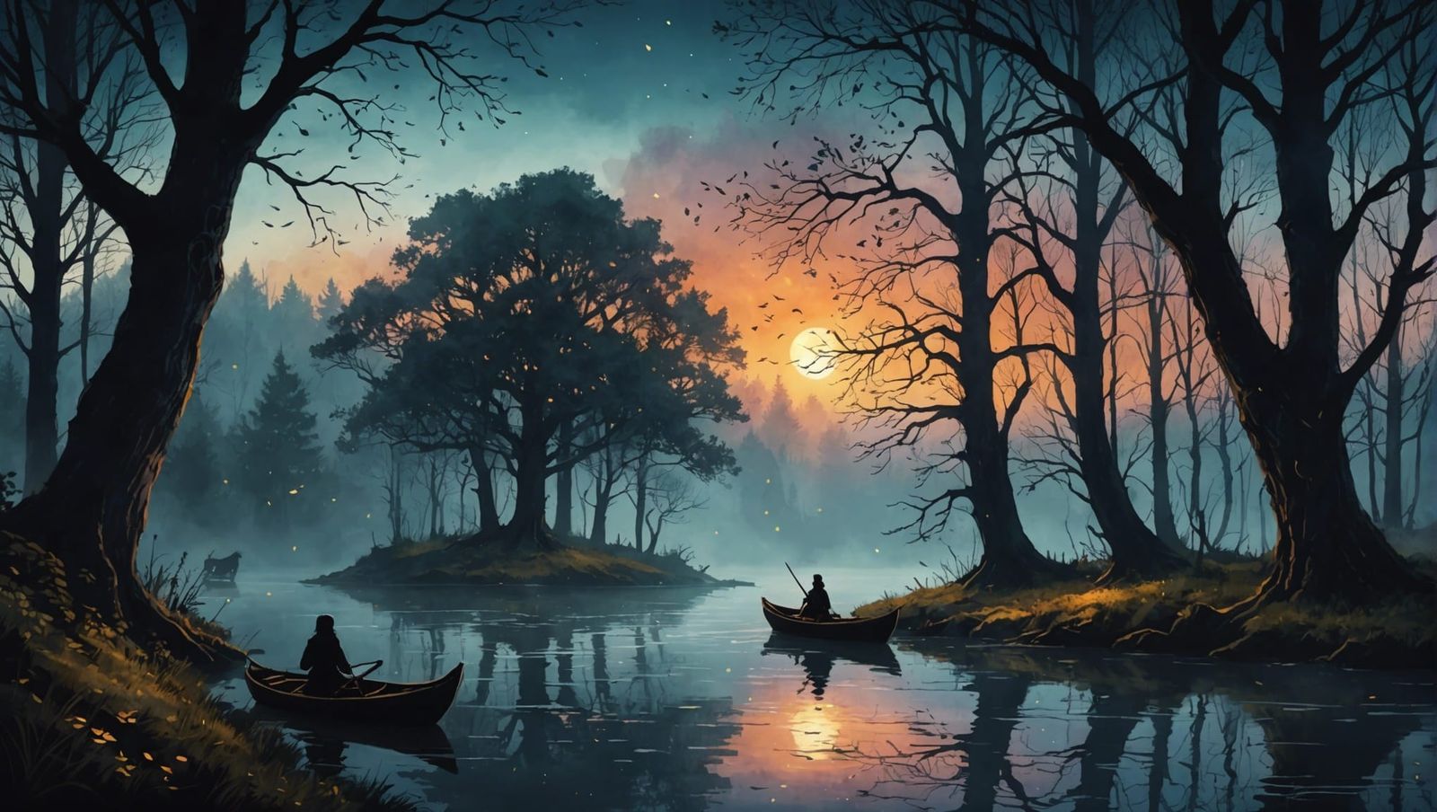 Mystic Medieval Forest with Fireflies in Watercolor Style