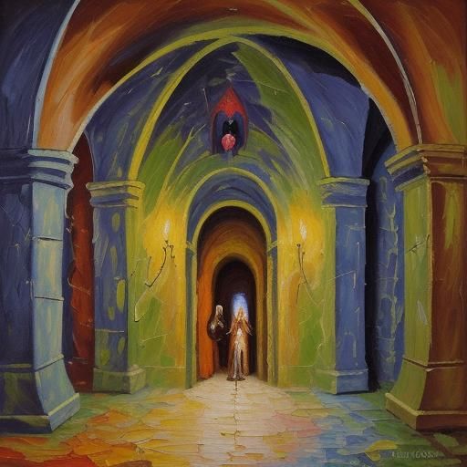 Occult Meeting in Paris Catacombs: Expressionist Oil Paintin...