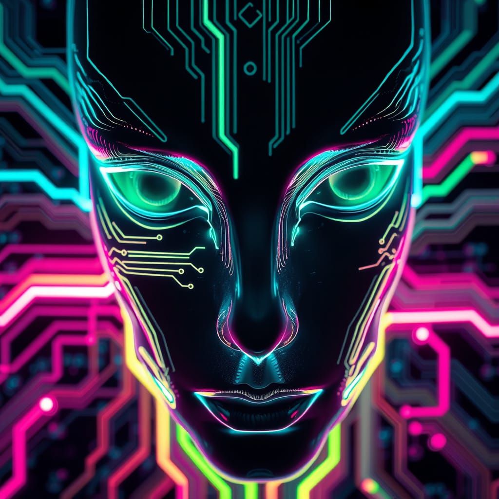 Cyberpunk Circuit Board Awakening in Neon Hues