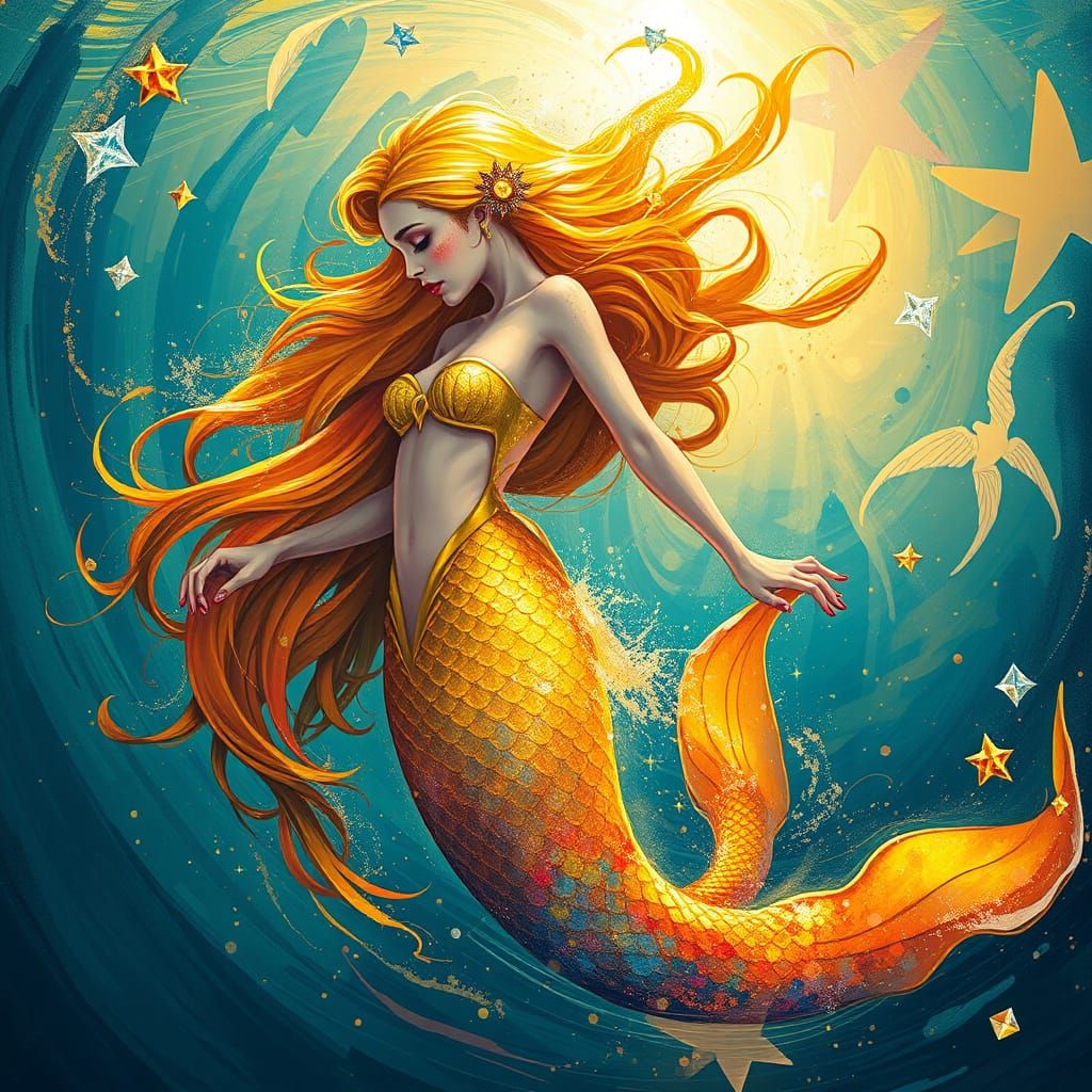 Mermaid Radiates Vibrant Light in Ocean Depths, Iridescent C...