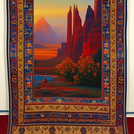 Dynamic Prayer Rug Oil Painting in Representational Style