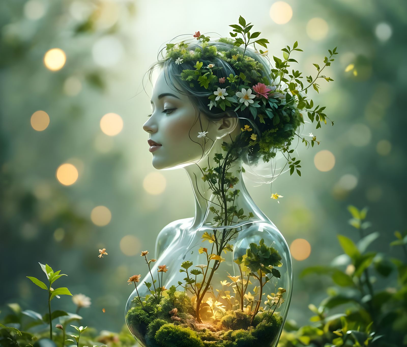 Glass Woman with Internal Ecosystem in 3D Art