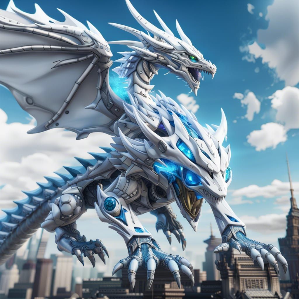 Mecha Blue Eyes White Dragon Flying, Detailed Digital Art